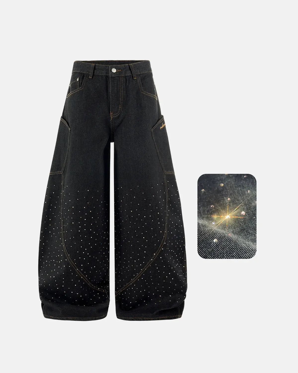 Colorful Rhinestone Raw Barrel Jeans | LCDEGO Streetwear