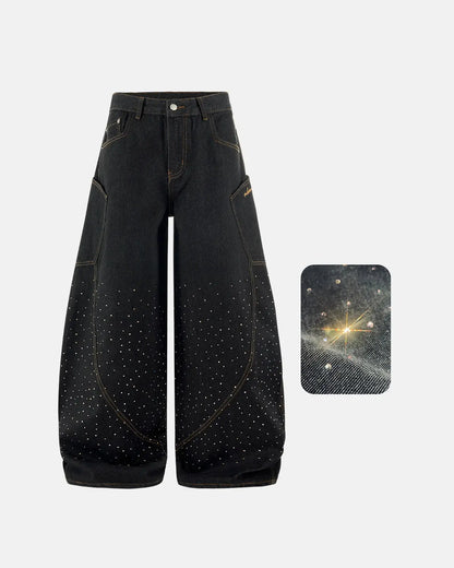 Colorful Rhinestone Raw Barrel Jeans | LCDEGO Streetwear