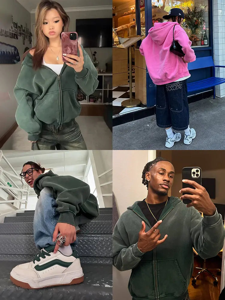 LCDEGO Washed Distressed Fleece Zip Up Hoodies